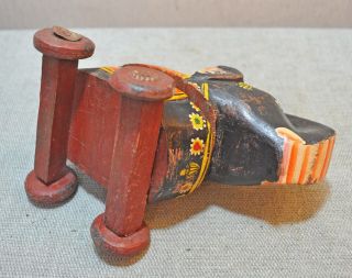 Old Vintage Hand Carved Painted Wooden Elephant on Wheels Figurine Box 7