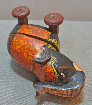 Old Vintage Hand Carved Painted Wooden Elephant on Wheels Figurine Box 8