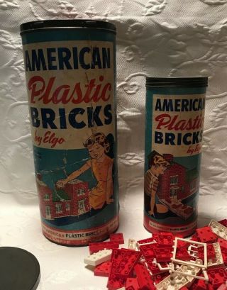 Two Vintage American Plastic Bricks Building Toys,  Canisters - No.  705 & No.  725