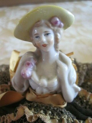 Vintage Pin Cushion Half Doll Victorian Lady Ceramic Fragile 2
