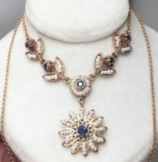 Vintage 14ct Sapphire Pearl Rose Gold Festoon Necklace 18 " Quality Not 9ct Hm 8g