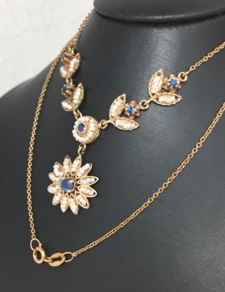 Vintage 14ct Sapphire Pearl Rose Gold Festoon Necklace 18 