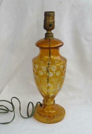 Bohemian Czech Yellow Amber Cut To Clear Art Glass Lamp