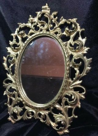 Virginia Metalcrafters Heavy Solid Brass Rococo Oval Mirror Tabletop W/arm,  Vtg.