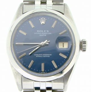 Rolex Date Mens Stainless Steel Watch Jubilee Style Band Blue Dial Domed 1500