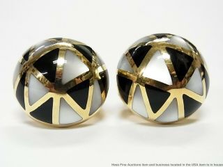 Asch Grossbardt 14k Gold Mosaic Earrings Mop Onyx Inlay Dome Omega Backs 12.  5gr