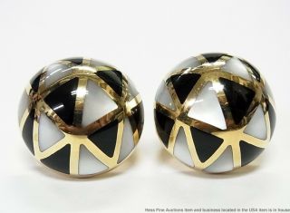 Asch Grossbardt 14k Gold Mosaic Earrings MOP Onyx Inlay Dome Omega Backs 12.  5gr 2