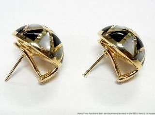 Asch Grossbardt 14k Gold Mosaic Earrings MOP Onyx Inlay Dome Omega Backs 12.  5gr 3