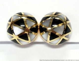 Asch Grossbardt 14k Gold Mosaic Earrings MOP Onyx Inlay Dome Omega Backs 12.  5gr 8