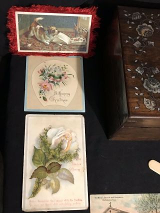 Antique Mother of Pearl Inlay Travel Lap Desk Turned Quill Pen Tips Cards, 4