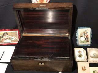 Antique Mother of Pearl Inlay Travel Lap Desk Turned Quill Pen Tips Cards, 6