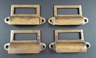 4 Antique Brass File Apothecary Drawer Pull Handles 3 - 1/4 " W.  Label Holders A17