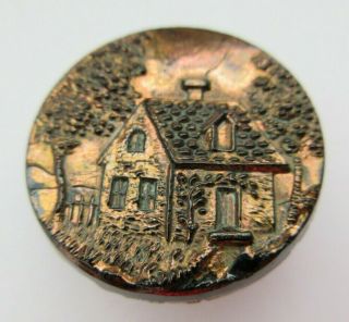 Antique Victorian Black Glass Picture Button Copper Luster House (q)