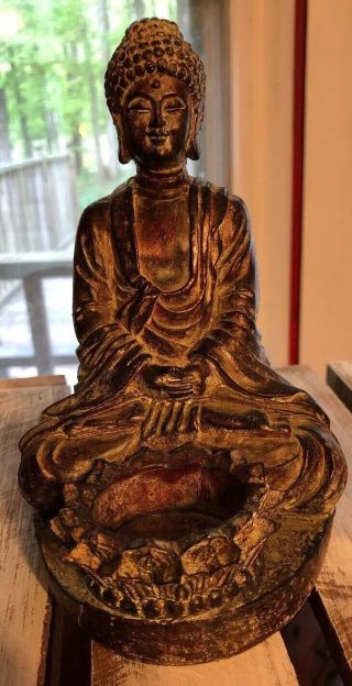 Exquisite Tibetan Buddha Statue Hands Cupped Resin Tea Light Candle Holder 6.  5”
