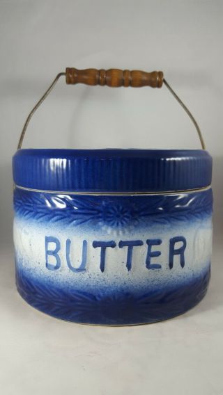 Antique Stoneware Pottery " Butter " Crock W/ Handle & Lid Cobalt Blue,  Cows,  Exc.
