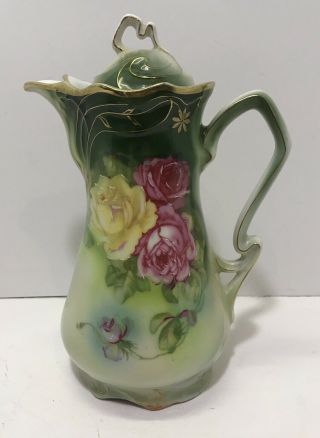 Antique Bavaria Porcelian Chocolate Pot Teapot Pink Roses Gold Trim Jpsv Company