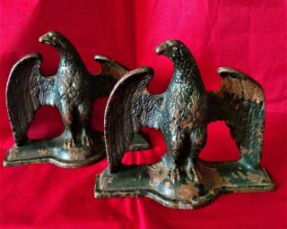 Vintage Cast Brass/bronze Military Eagle Green Painted Bookends Mrkd T.  B.