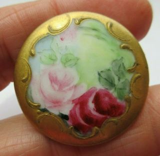 Large Antique Vtg Porcelain Button W/ Painted Flowers & Gilt Rim (q)