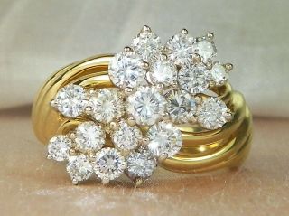 18k Yellow Gold Diamond - 1.  82 Tcw Band Fine Cluster Cocktail Ring - Size 7.  25