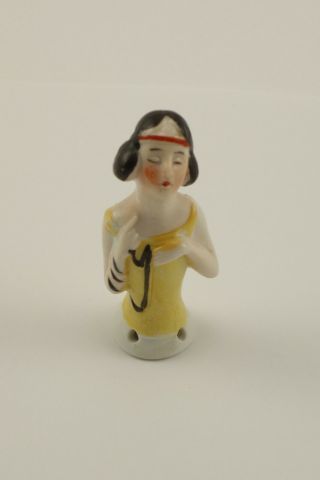 Antique German Art Deco Flapper Lady Porcelain Half Doll Pincushion 1920 - 30 