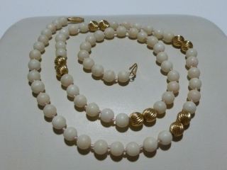 Estate 14k Yellow Gold Angel Skin Pacific White Coral Beaded Necklace 28 Grams