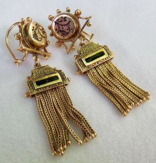 Antique Victorian Hand Enameled 14k Gold Dangle Tassel Earrings Gorgeous 11.  4 Gr