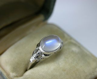 Antique Art Deco Blue Hue Moonstone 18k Gold Filigree Engagement Ring