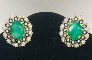 Estate 14k Huge Emerald Diamond Earrings