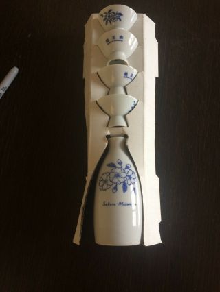 Japanese Fine Porcelain Sakura Masamune Sake Footed Cup X4 & Sake Server No Box