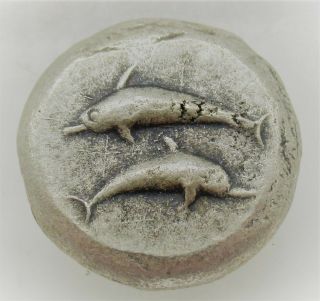 Scarce Ancient Greek Silver Stater Coin Two Dolphins Santorini Islands 12.  18g