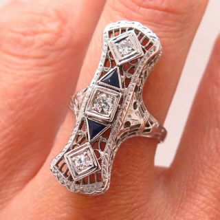 Antique Art Deco 750/18k White Gold Old Miner Diamond & Sapphire Filigree Ring