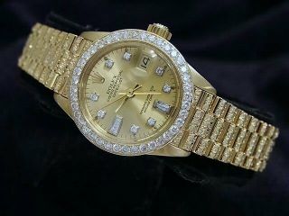 Lady Rolex Datejust 18k Gold President Watch Full Diamond Band Bezel Dial 6917