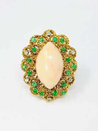 14k Yellow Gold Coral,  Emerald And Diamond Vintage Cocktail Ring