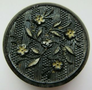 Magnificent X Large Antique Vtg Victorian Black Glass Button Luster Flowers (m)
