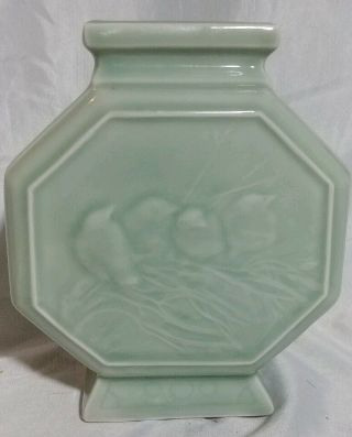 Vintage Chinese Porcelain Celadon Vase Octagon Birds