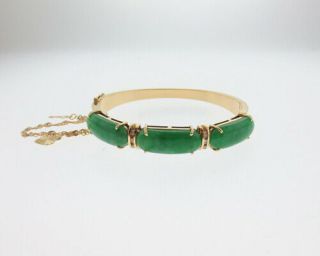 Vintage Estate Green Jades Diamonds 14k Yellow Gold Handmade Bangle Bracelet