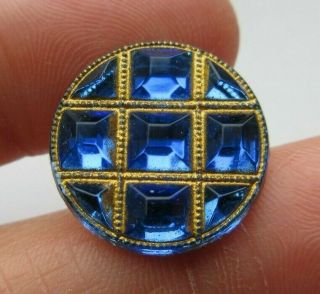 Dazzling Antique Vtg Faceted Cobalt Blue Glass Button Gold Luster 3/4 " (m)