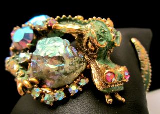 Rare Vintage Signed Har Fantasy Green Enamel Jeweled Dragon Clamper Bracelet A35
