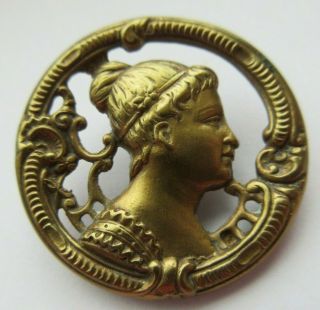 Exceptional Antique Vtg Victorian Metal Picture Button Ladies Head Cameo (r)