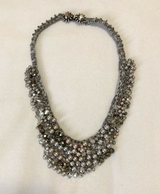 Miriam Haskell Rare Outstanding Woven Pearl Rhinestone Champagne Silver Necklace