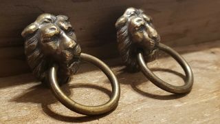 2 Antique Lion Head Rings Pulls Furniture Cabinet Drawer Handles Heavy Brass