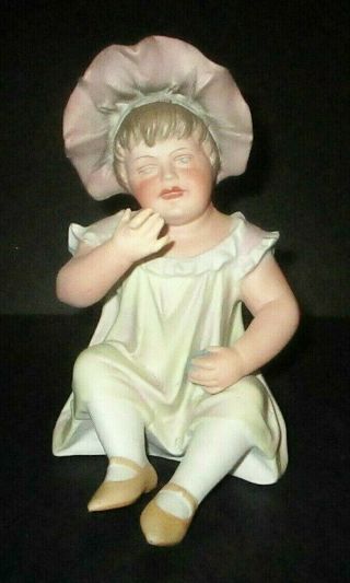 Vintage German Bisque Piano Baby Girl In Bonnet With Ball Short Hair Antique