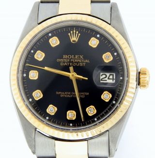 Mens Rolex 14k Yellow Gold/stainless Steel Datejust W/black Diamond Dial 1601