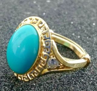 Persian Turquoise Statement Cocktail Ring W/ Diamonds Retro 14k Gold 5.  64 Gram