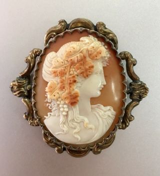Vintage Victorian Carved Shell Cameo Ariadne Wife Of Dionysos Gold Filled Brooch