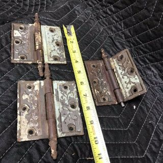 Three Large Antique Victorian Eastlake Cast Iron Door Hinges Steeple Pin 2