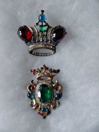 2 Trifari Alfred Philippe Sterling Crown And Heraldic Crown & Crest Brooches,  Nr