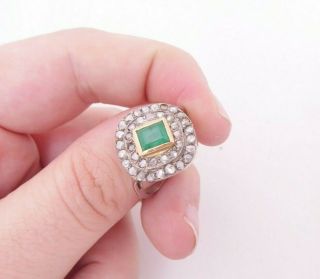18ct Gold Emerald Rose Cut Diamond Ring,  Art Deco Cluster 18k 750