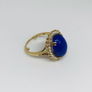 Antique 14k Gold Cabochon Oval Lapis & Seed Pearl Ladies Cocktail Ring Size 7.  5