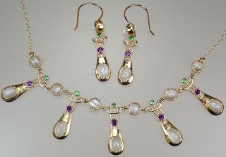 Antique Art Nouveau 15k Gold Murrle Bennett Suffragette Necklace Earring Set Box